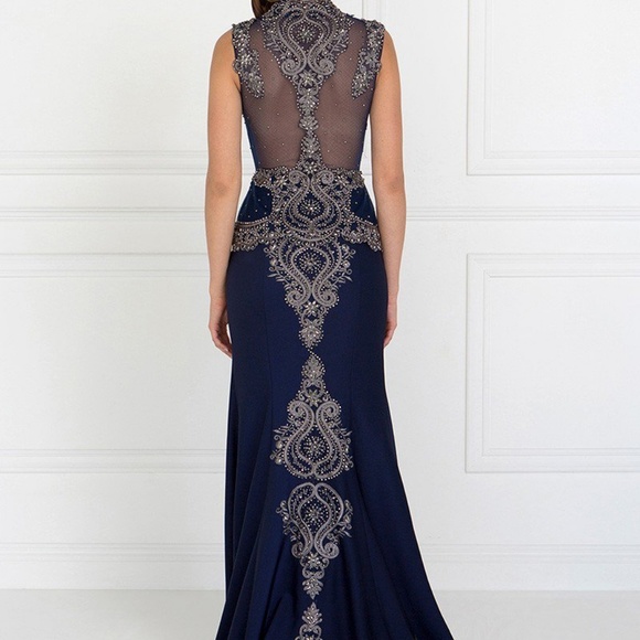 MOTHER OF THE BRIDE LONG GOWN DRESS GLS1598 NAVY - Picture 3 of 7